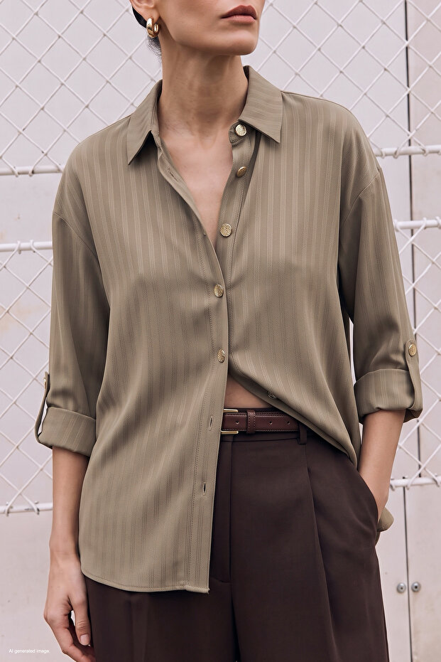 Striped Shirt with Folded Sleeves - Stone