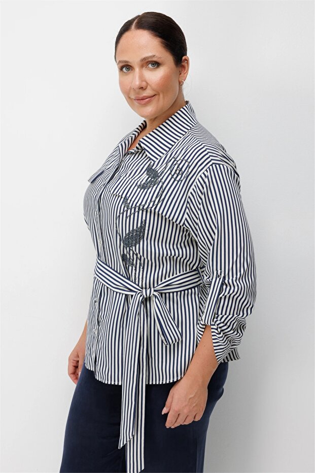 Women's Belted Patterned Shirt Navy Blue