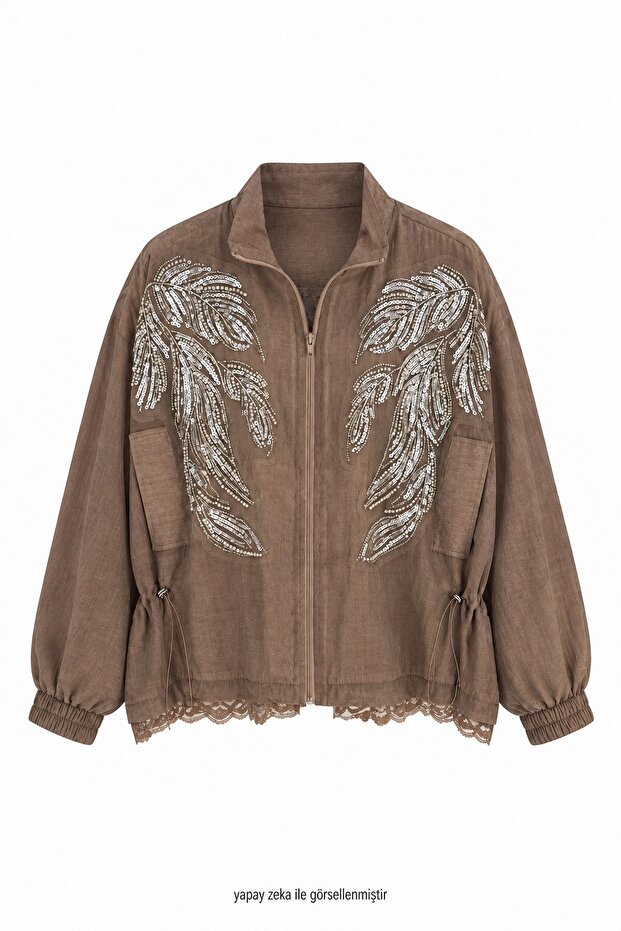 Front Sequin Embroidered Jacket Brown