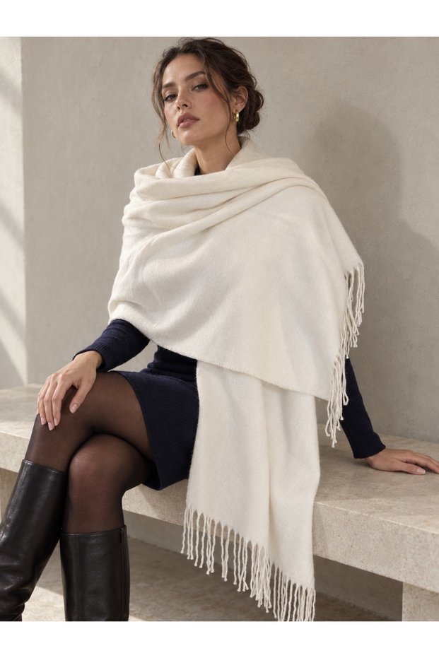 Ecru 200X70 cm Women's Soft Textured Tasseled Solid Color Shoulder Shawl Sal1333