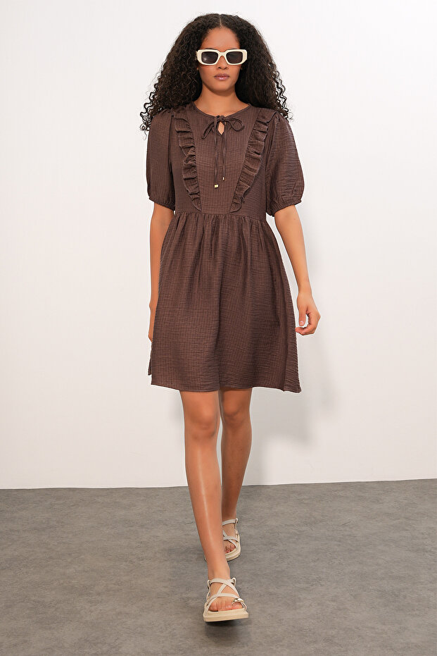 Women's Tie Collar Short Sleeve Gathered Dress 2600 - Brown