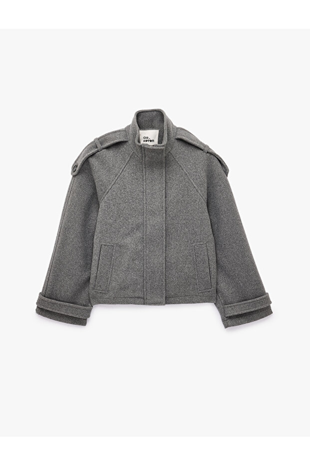 Stitched Detailed Shoulder Epaulettes, Pockets, Snap Buttons, Zipper, Stand-Up Collar, Cashmere Jacket