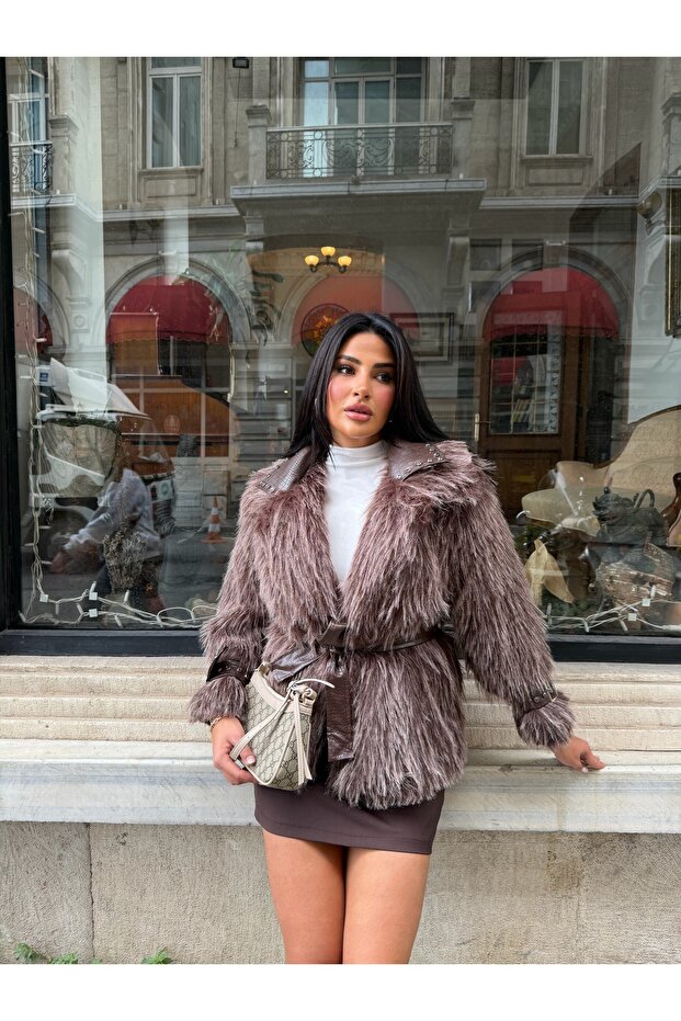 Imported Fabric, Lined Premium Fur Coat with Sleeves and Belted Leather Belt Included