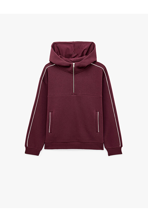 Three-Thread Ribbed Comfortable Fit Hooded Sweatshirt with Pockets and Half Zipper