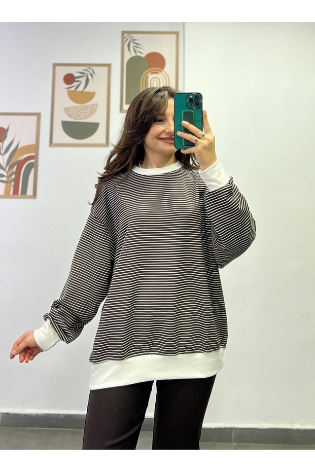 Crew Neck Striped Oversize Fit Sweatshirt