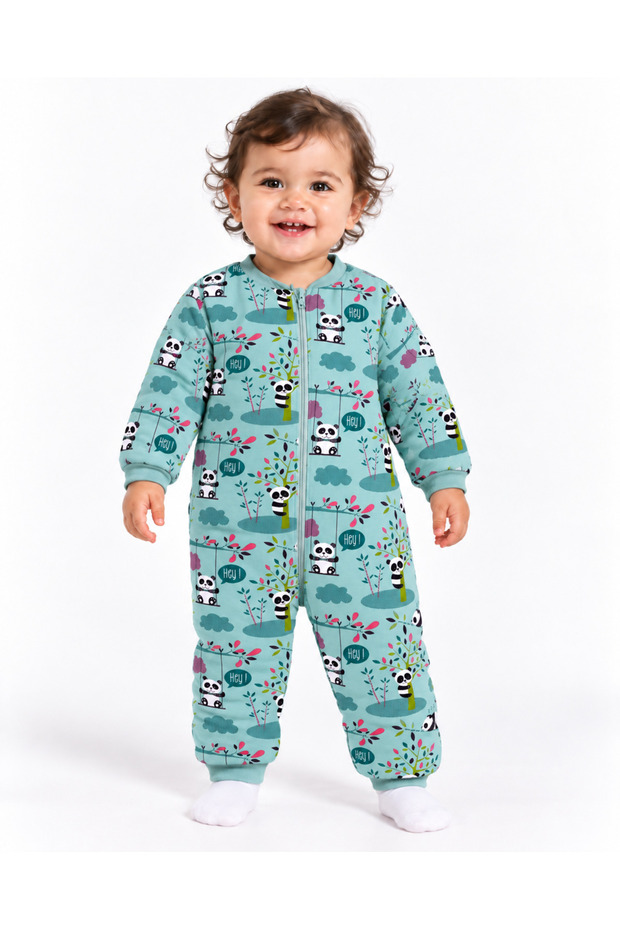 Baby Mint Panda Patterned Long Sleeve Zippered Sleeping Bag