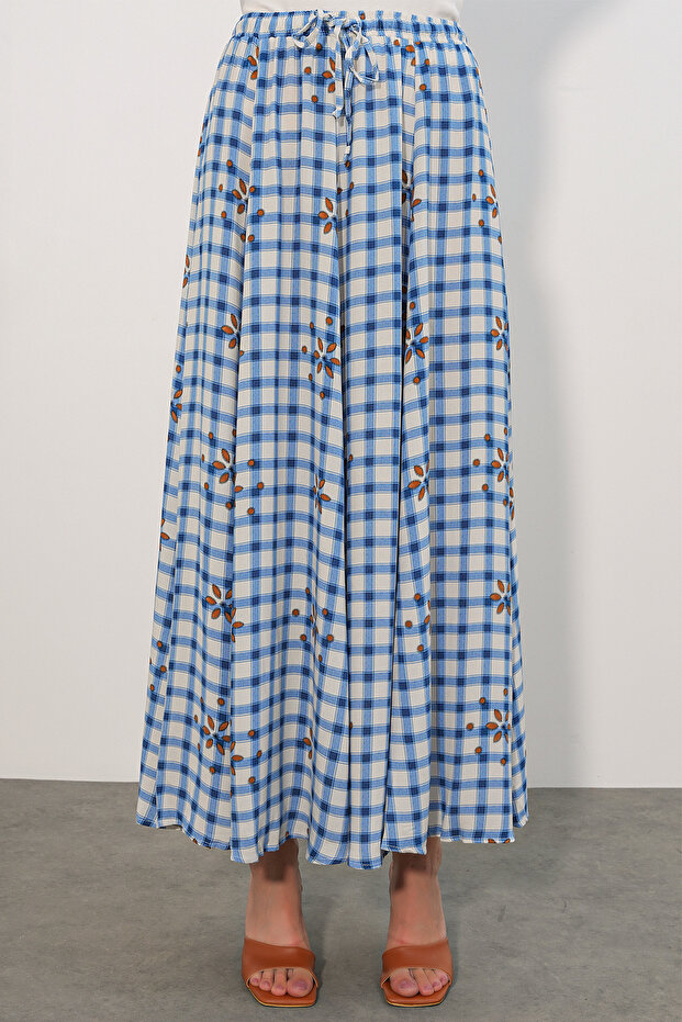 Women's Square Patterned Long Skirt 8065 - Blue