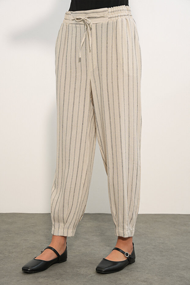 Women's Striped Linen Pants 30102 - Black