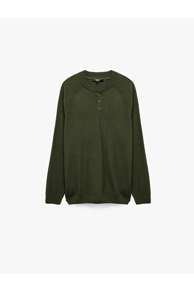 Regular Fit Buttoned Long Sleeve Henley Collar Knit Sweater