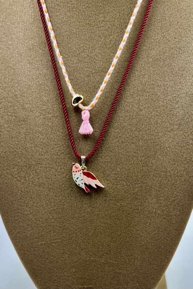 2 Pieces of Enamel Bird & Gold Heart Pendant with Tassels, Bohemian Style Burgundy Pink Orange Blue Rope Necklace Set