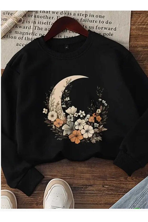 Moon Flower Printed Oversize Unisex Crew Neck Sweatshirt
