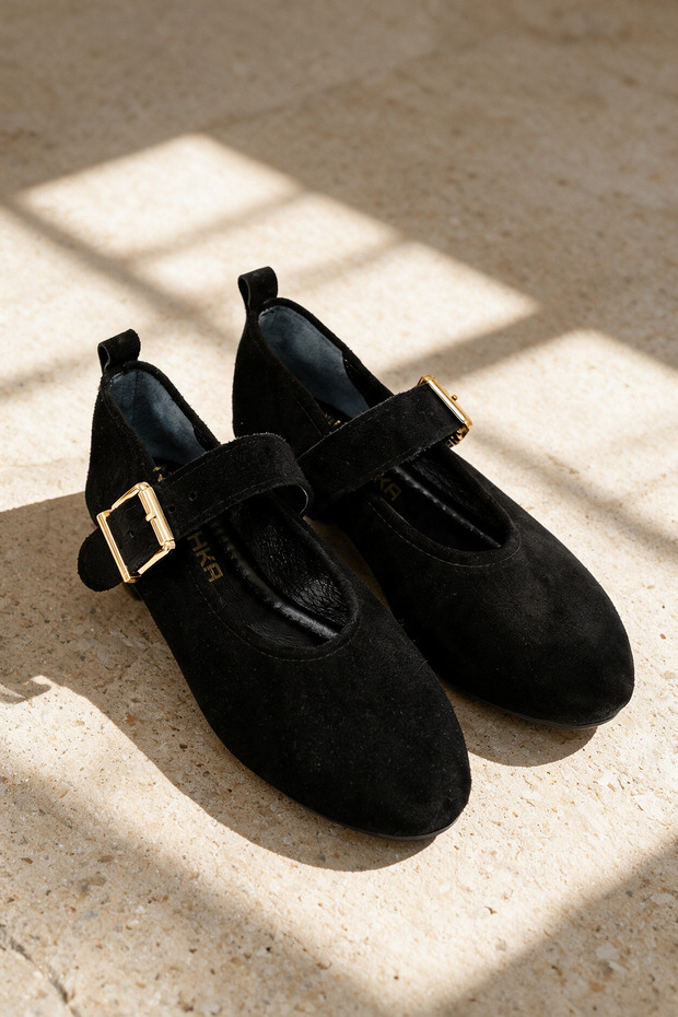 Norel Black Women's Genuine Leather Suede Mary Jane Ballerina Buckle Shoes