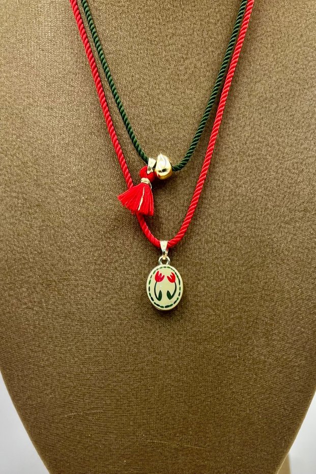 2 Pieces of Enamel Tulip & Gold Heart Pendant with Tassels Bohemian Style Red Khaki Rope Necklace Set