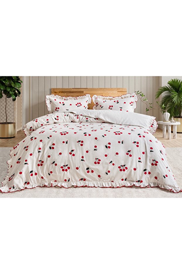 Ruffled Patterned Duvet Cover Set – Cherry, Flower and Butterfly Model Options Available
