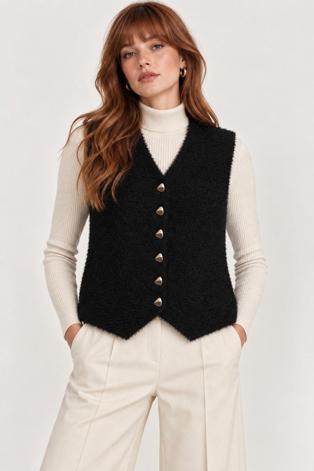 Black Metal Button Detailed Angora Knitwear Vest