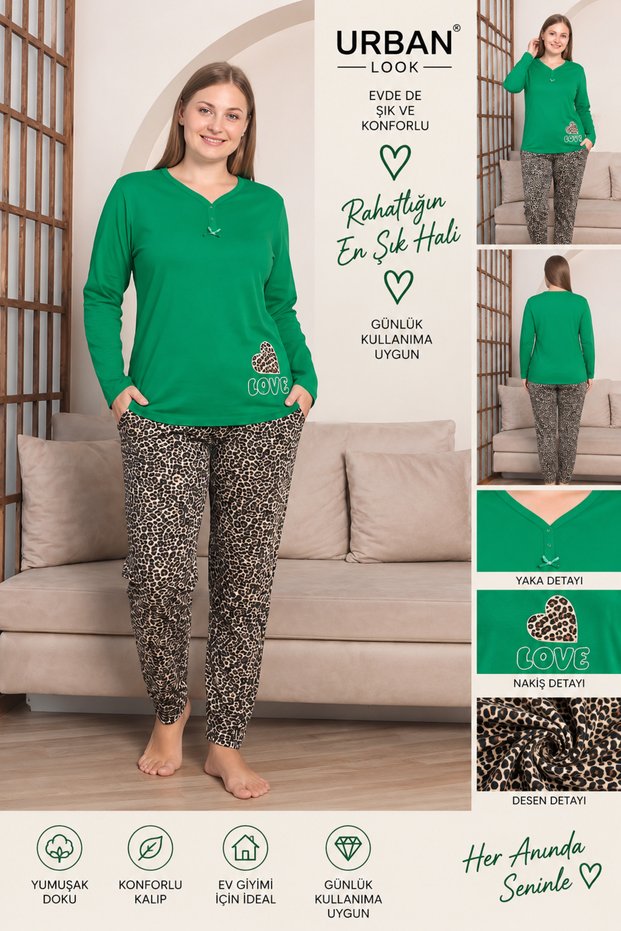Women's Plus Size Pajama Set – Long Sleeve V-Neck Printed Comfortable Loungewear
