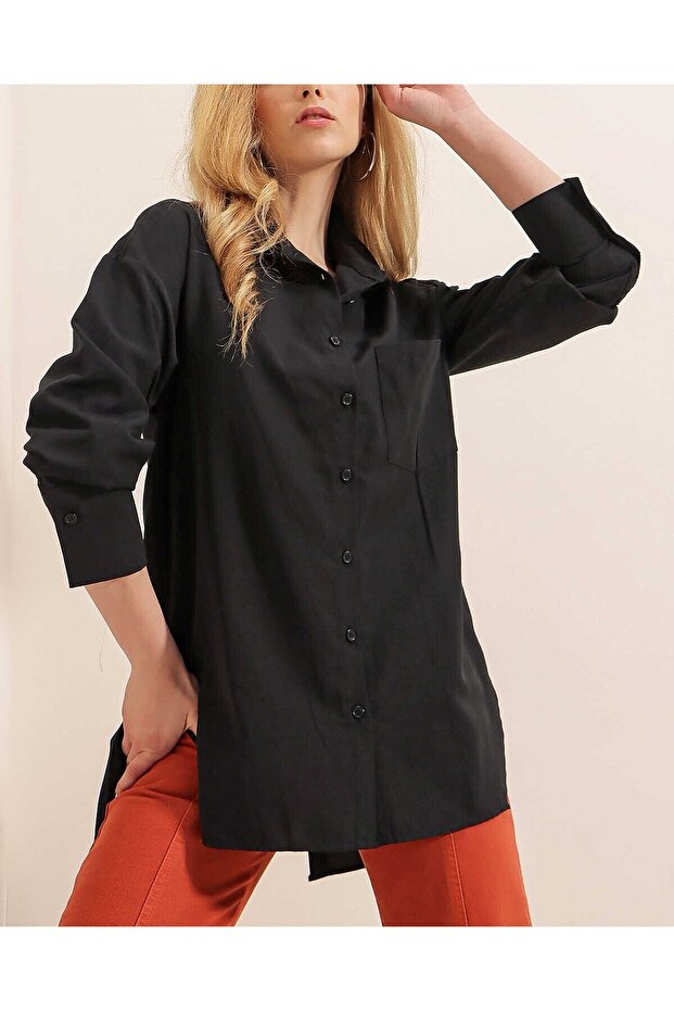 3952 Buttoned Back Boyfriend Shirt - Black