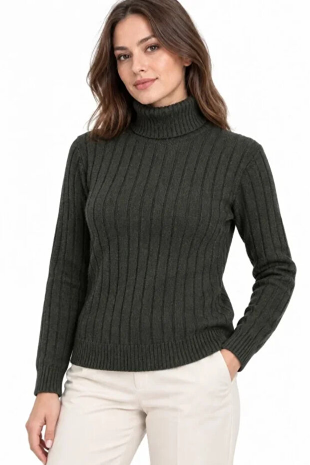 Turtleneck full throat thick ribbed regular fit knitwear sweater - khaki