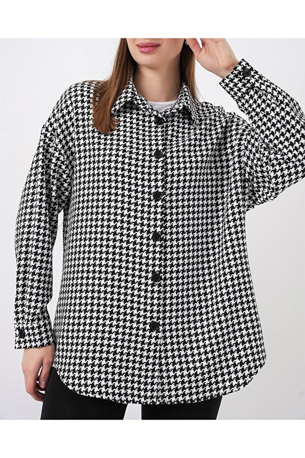 Women's Crowbar Pattern Oversized Shirt 3854 - Black - White