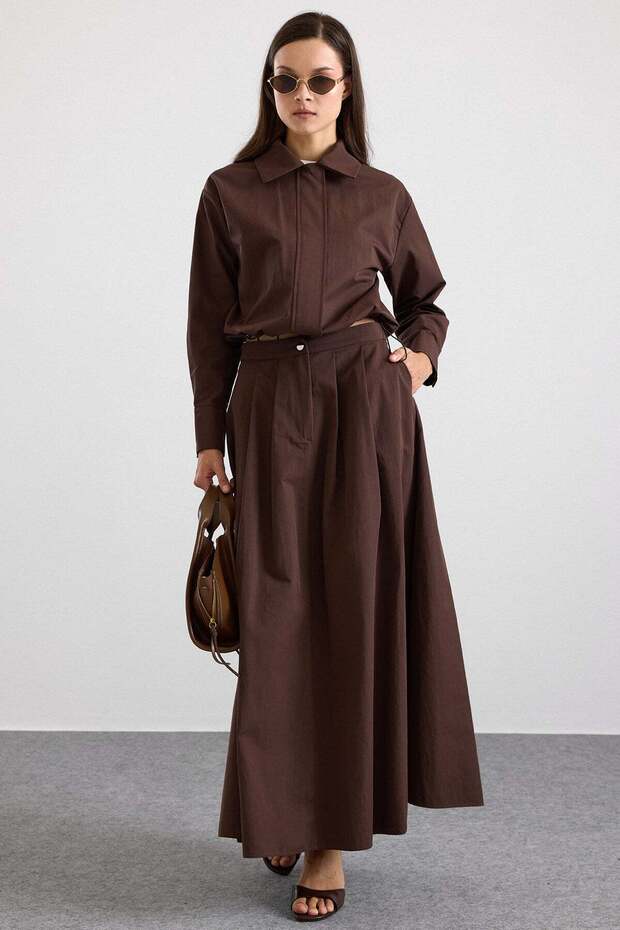 Zipper Closure Skirt Jacket Double Set Brown 9474-Tk