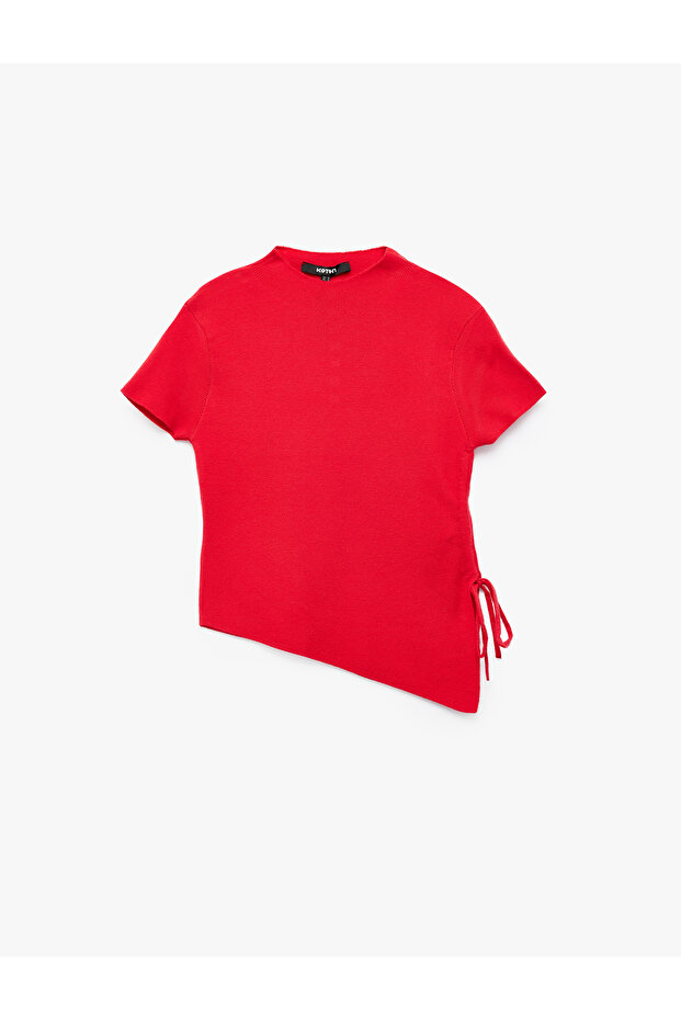 Drawstring High Neck Short Sleeve Asymmetrical Knit Sweater with Back Buttons