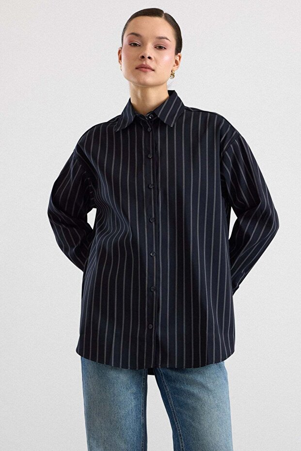 Striped Casual Shirt Dark Blue 9473
