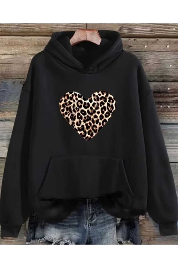 Leopard Heart Printed Oversize Unisex Hooded Sweatshirt