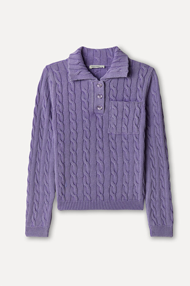 Women's Purple Braided Polo Collar Sweater