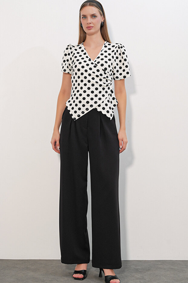 Women's Double-Breasted Collar Polka Dot Blouse 40027 - White