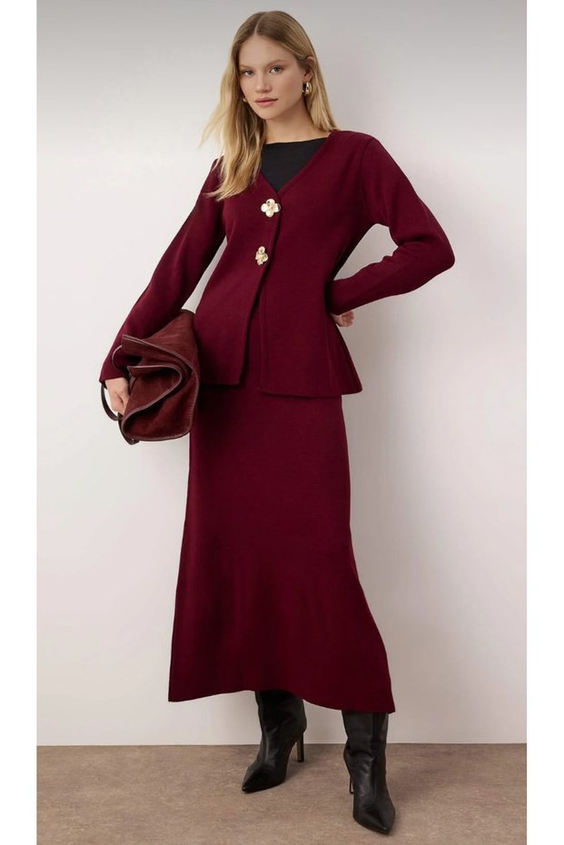 Women's Knitwear, Plum Floral, Gold Button, Pearl, Skirted Suit