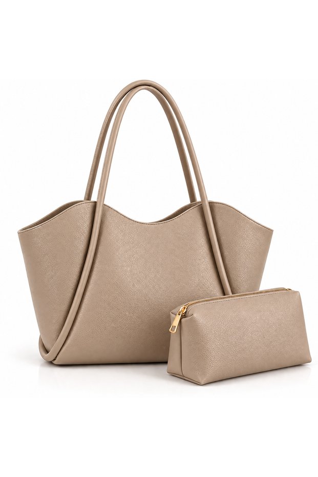 Women's Large Size Shoulder Bag – Soft Leather Look Stylish Shopper Bag + Makeup Bag Set of 2