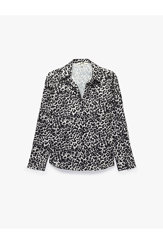 Classic Collar Buttoned Long Sleeve Satin Leopard Shirt