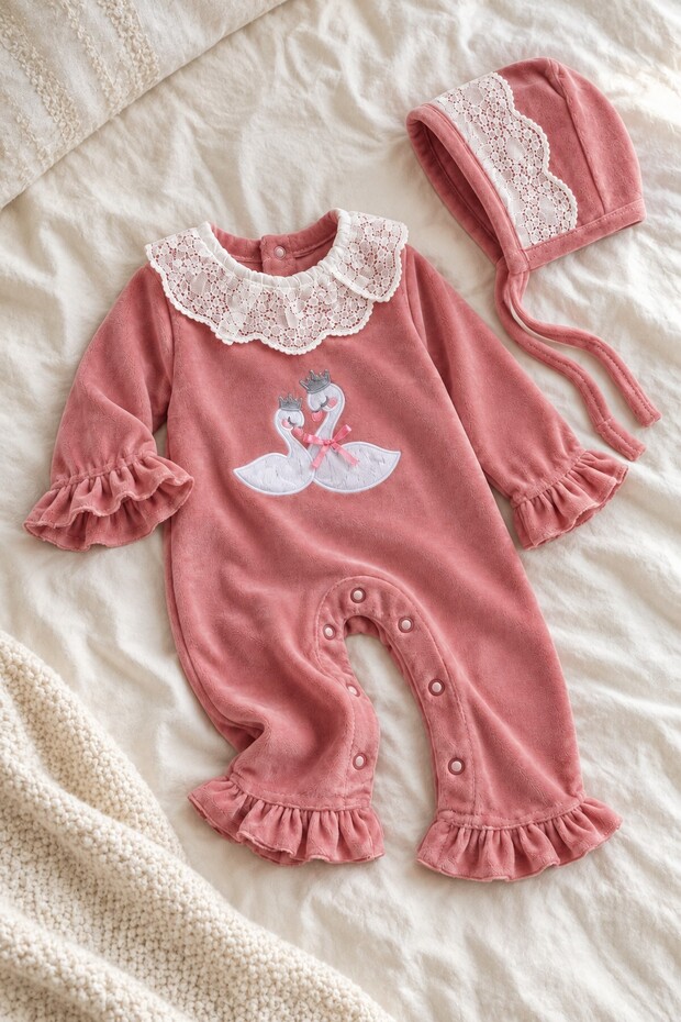 Baby Girl Jumpsuit with Swan Embroidery, Lace Collar, Velvet Jumpsuit with Hat, Premium Product, Set of 2