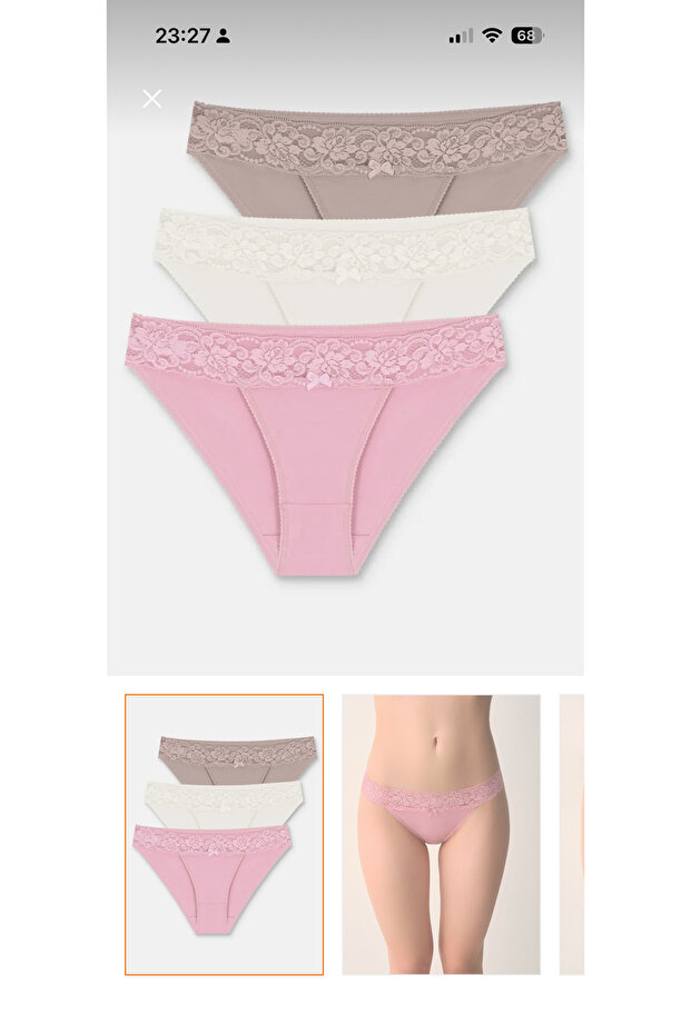 Ecru / Mink / Pink 3-Piece Cotton Lace Regular Waist Slip Panties