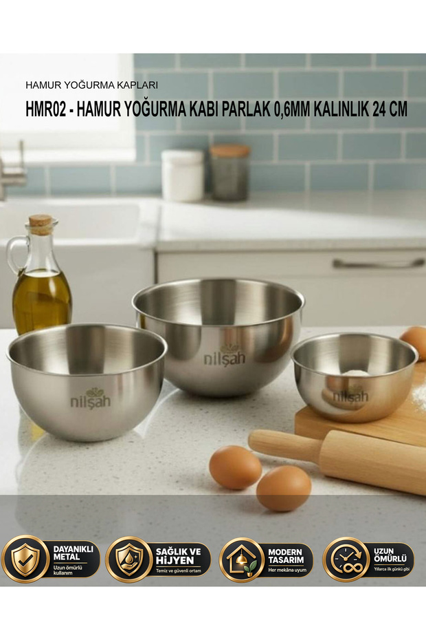 Dough Kneading Bowl Shiny 0.6mm Thickness 24 cm