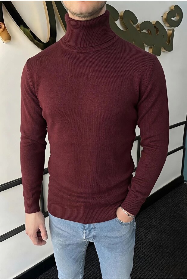 Men's Burgundy Slim Fit Turtleneck Basic Sweater