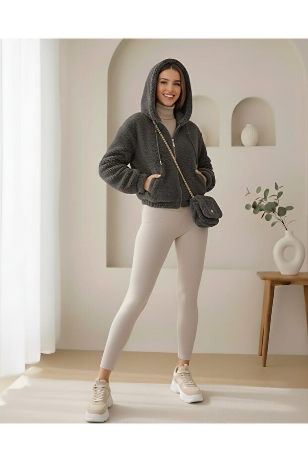 5193 Hooded Plush Crop Jacket - Anthracite