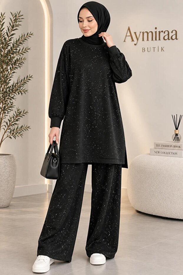 Women's Sim Detailed Modal Fabric Comfortable Fit Black Hijab Tunic Pants Set