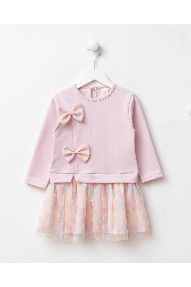 Girl's Dress with Tulle, Heart Pattern and Bow Detail