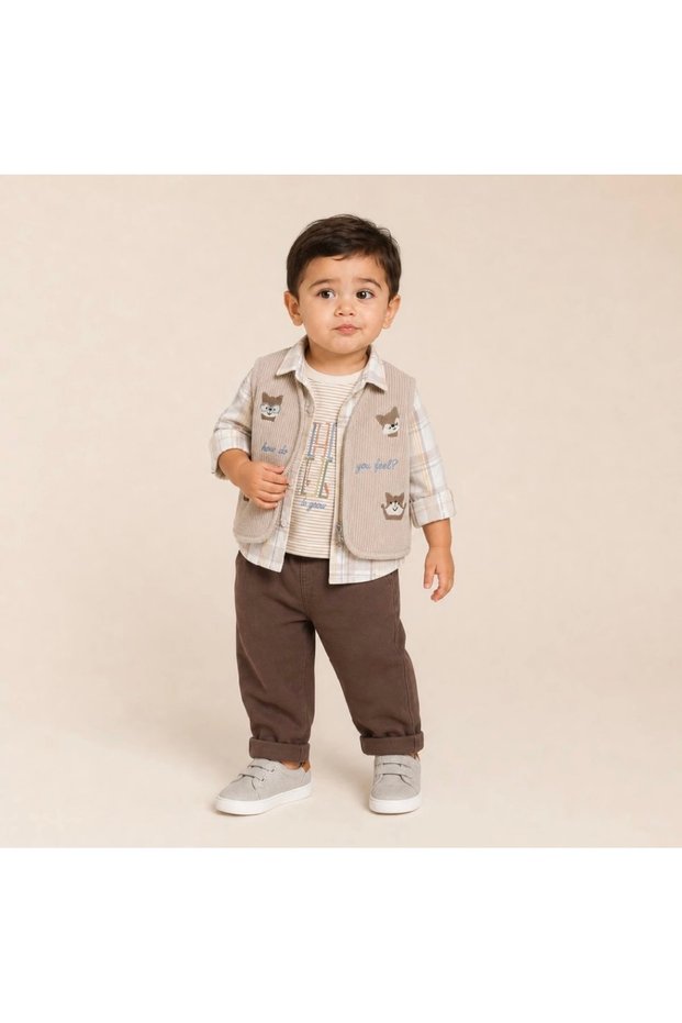 New Season 4-Piece Baby Boy Set with Velvet Vest, Checkered Shirt and Denim Trousers