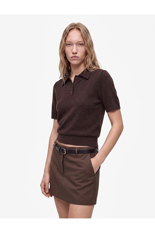 Wool Blend Buttoned Short Sleeve Polo Collar Knitwear Sweater