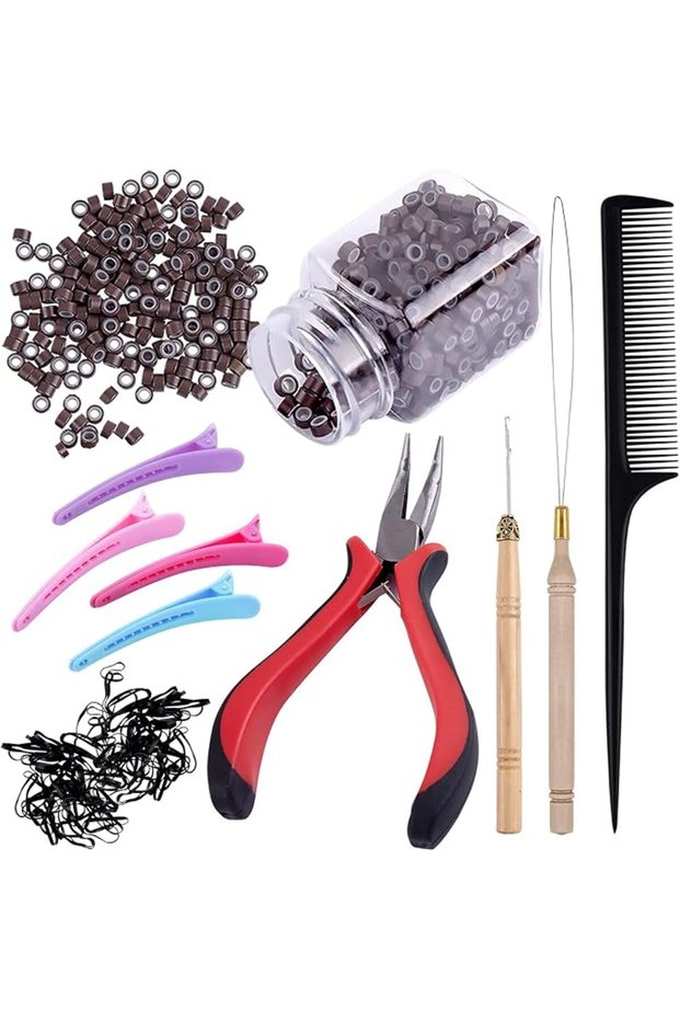 Hair Extensions Kit 500 Pcs Brown Micro Ring Beads 1 Micro Beads Plier 2 Hook Needle Pulli