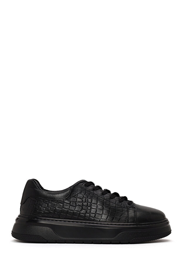Men's Black Lace-Up Thick-Sole Crocodile Patterned Leather Sneaker Wm78000811