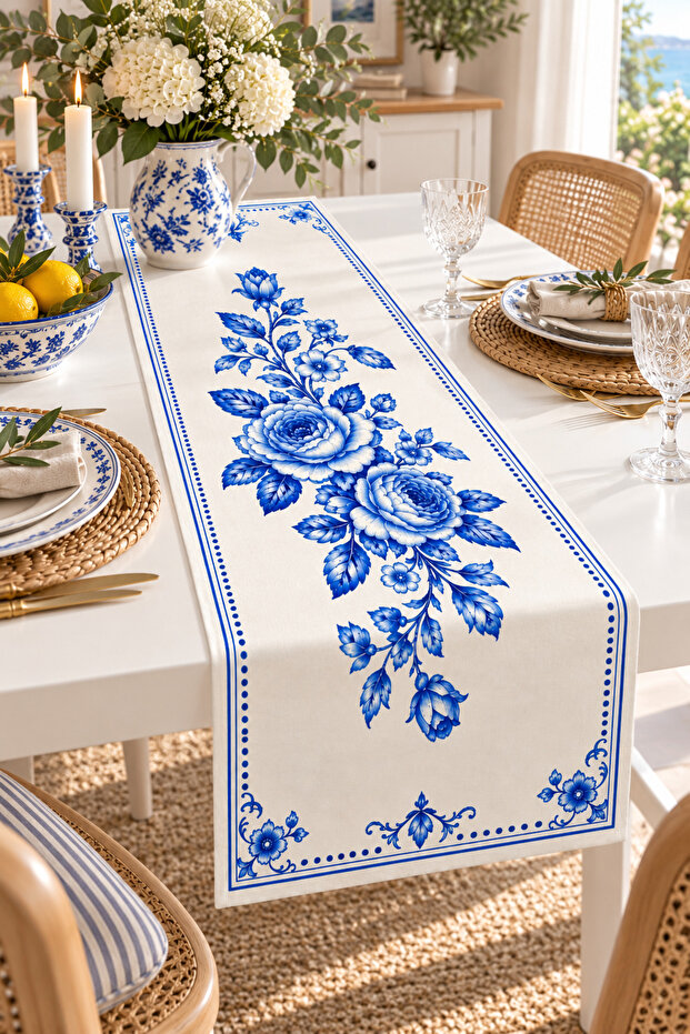 Antique Blue and White Tile Patterned Floral Decorative Runner Stylish Tablecloth 40X140 Stain Resistant