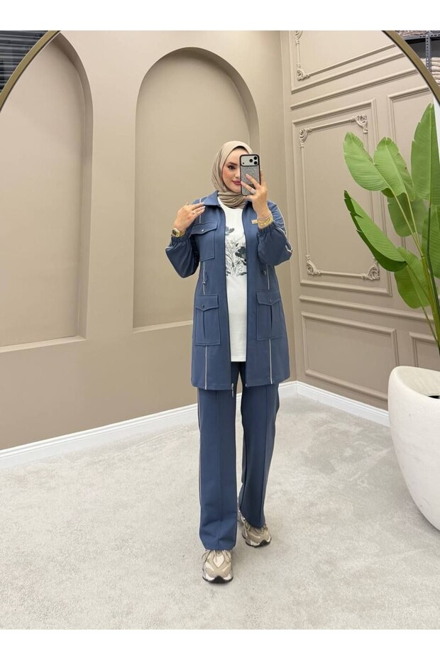 Women's 3-Piece Tracksuit Set – Multi-Pocket Buttoned Long Top Two-Thread Hijab Casual Combination N-05563 _ Blue