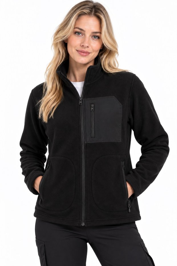 Women's Fleece Jacket with 3 Pockets, Detailed Front Panel, Ribbed Cuffs, Smoked Gray, Khaki, Navy Blue, Black