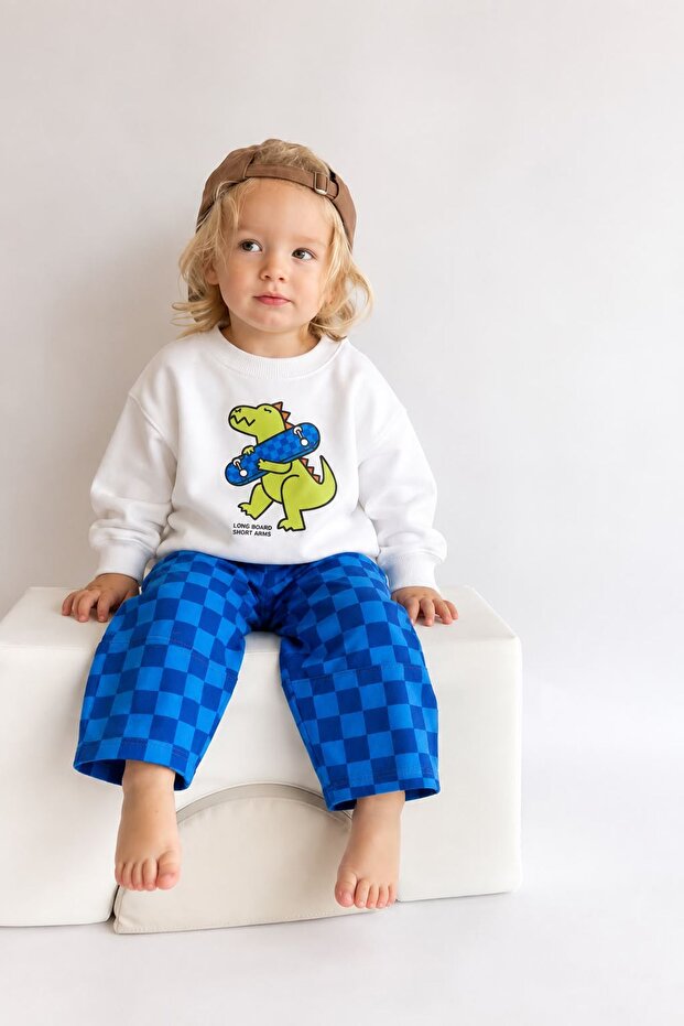 Skateboard Printed Checkered Boys' 2-Piece Set - Whiteblue