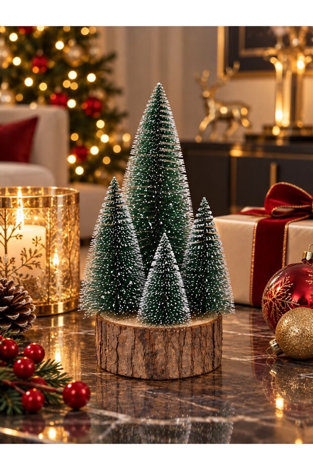 4-Piece Artificial Pine Tree with Wooden Log Stand Christmas Decoration Home Office Table Ornament New Year's Gift