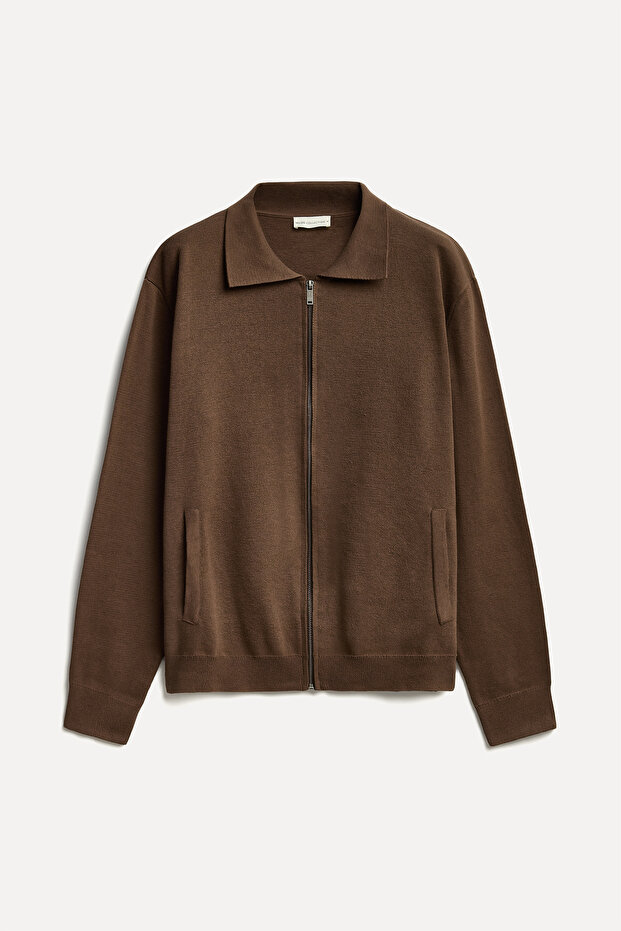 Men's Brown Polo Collar Zippered Knitwear Cardigan