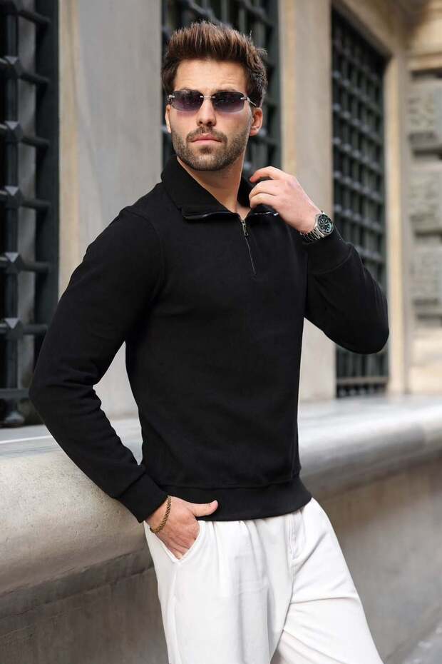 Black Stand Collar Half Zipper Men's Sweatshirt E7211